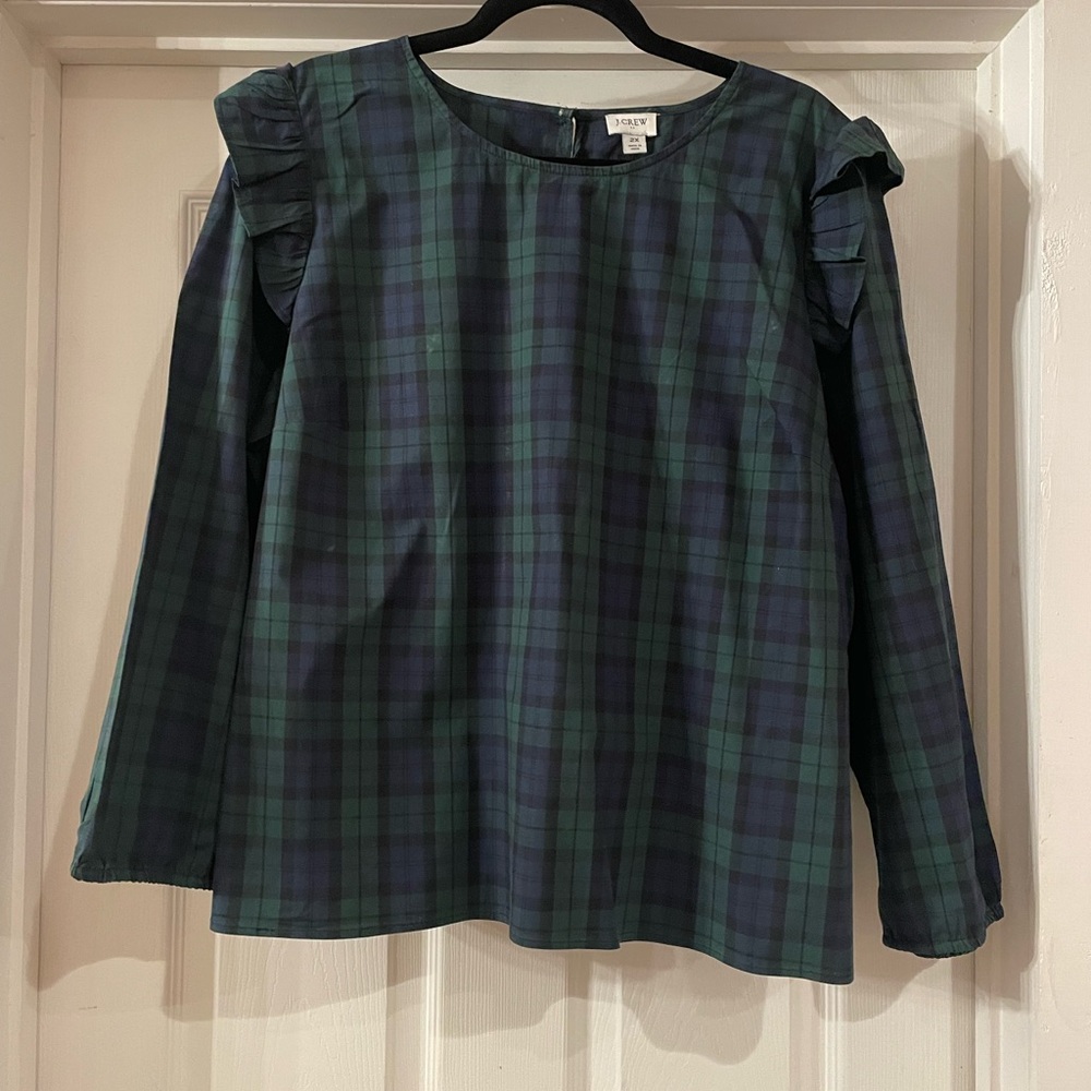 JCrew Blackwatch Tartan Blouse with ruffle sleeves size 2X - like new condition